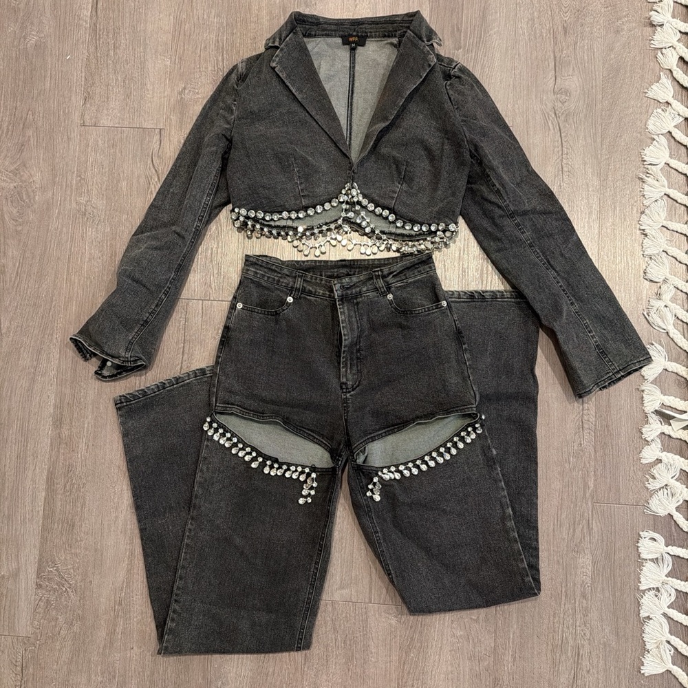 denim set with rhinestone